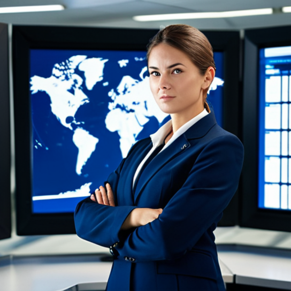 A confident female aviation security manager in a modern airport control room, fully clothed in a professional navy blue suit, monitoring security screens. Background includes digital displays and a clean, organized workspace. Safe for work, appropriate content, perfect anatomy, natural proportions, professional.