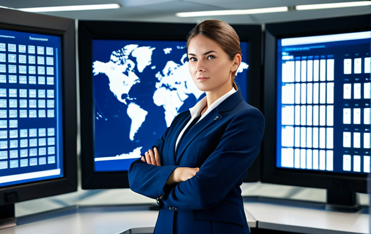 A confident female aviation security manager in a modern airport control room, fully clothed in a professional navy blue suit, monitoring security screens. Background includes digital displays and a clean, organized workspace. Safe for work, appropriate content, perfect anatomy, natural proportions, professional.