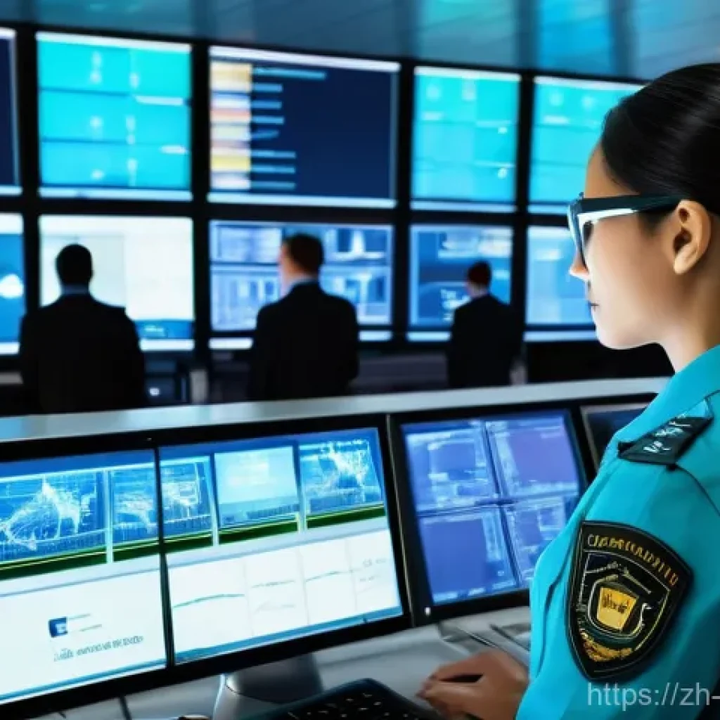 항공보안관리사 취업 유망 분야 - **Prompt:** "A highly detailed, wide-angle shot of a futuristic airport security operations center a...