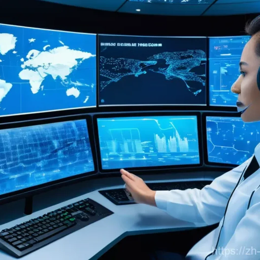항공보안관리사 실무 프로젝트 사례 - A professional and diverse team of air traffic controllers in a futuristic, sleek digital tower. Lar...