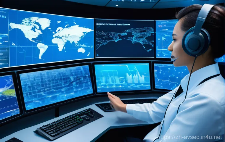 항공보안관리사 실무 프로젝트 사례 - A professional and diverse team of air traffic controllers in a futuristic, sleek digital tower. Lar...