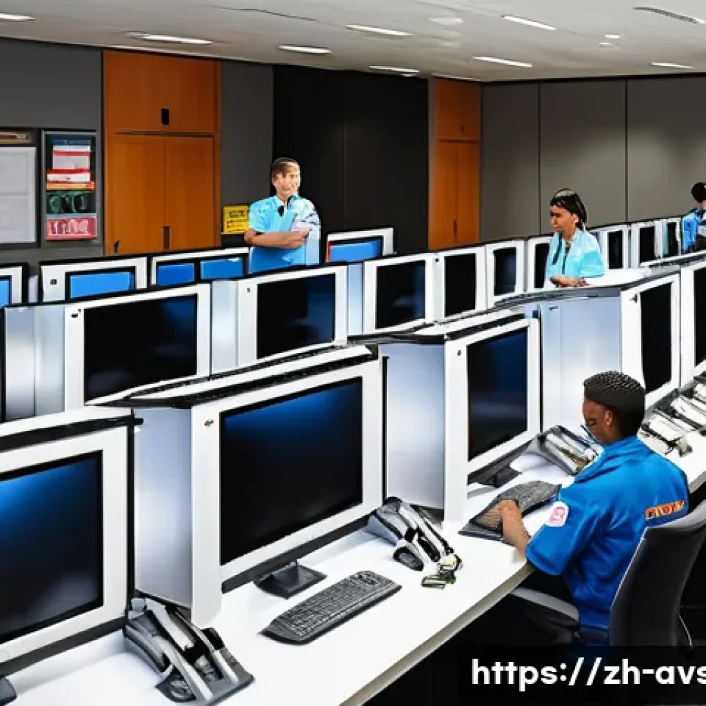 항공보안관리사 자격증 취득 가이드 - A professional training scene in a modern aviation security control room, showing a diverse group of...