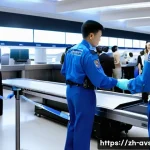 항공보안관리사 주요 직무 소개 - A modern airport security checkpoint scene featuring a professional aviation security officer in uni...