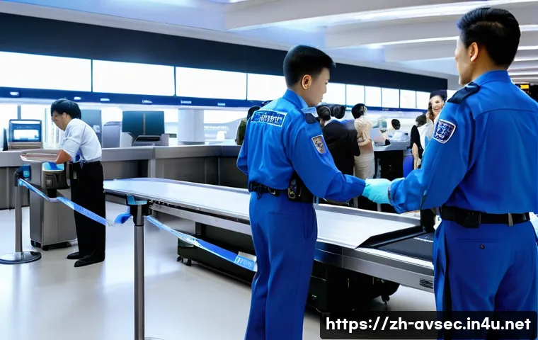 항공보안관리사 주요 직무 소개 - A modern airport security checkpoint scene featuring a professional aviation security officer in uni...