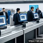 항공보안관리사와 보안업계 경력 설계 - A modern airport security checkpoint scene showing diverse security personnel operating advanced scr...