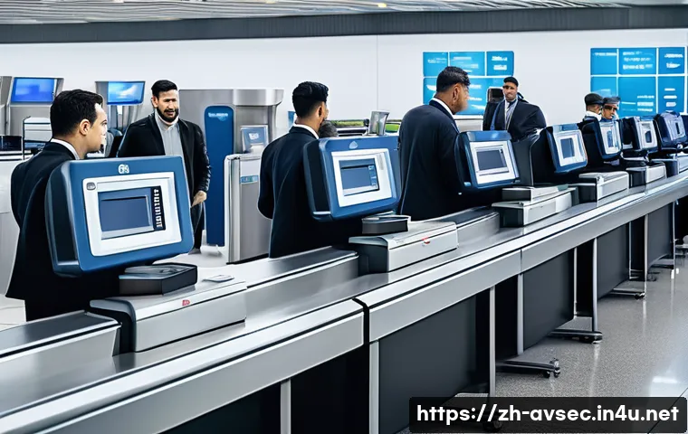 항공보안관리사와 보안업계 경력 설계 - A modern airport security checkpoint scene showing diverse security personnel operating advanced scr...