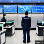 항공보안관리사와 국제 공항 관리 - A modern international airport security control room bustling with activity, featuring large digital...