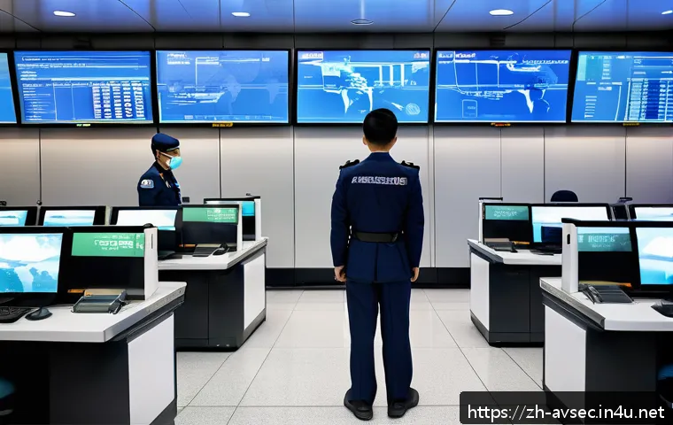 항공보안관리사와 국제 공항 관리 - A modern international airport security control room bustling with activity, featuring large digital...