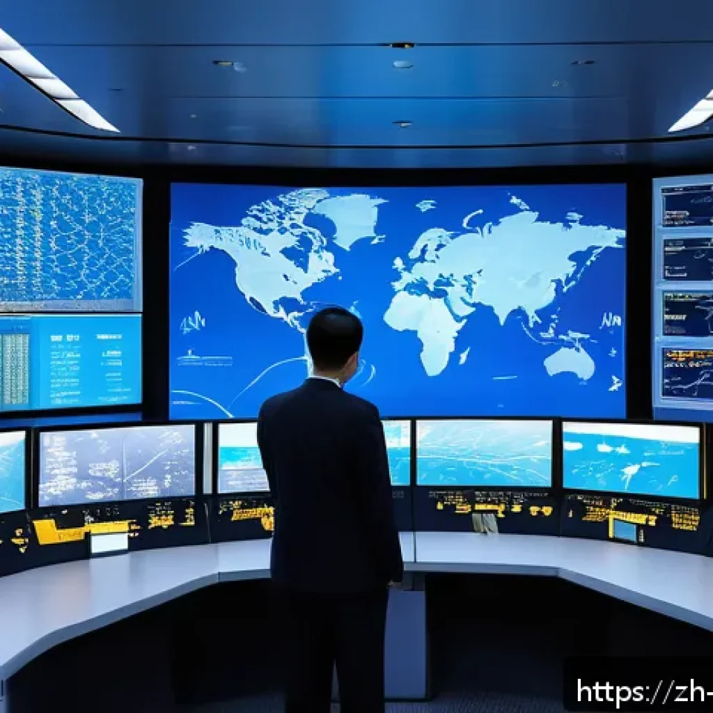 항공보안관리사 글로벌 보안 정책 이해 - A highly detailed modern air traffic control center featuring multiple large digital screens display...
