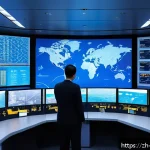 항공보안관리사 글로벌 보안 정책 이해 - A highly detailed modern air traffic control center featuring multiple large digital screens display...