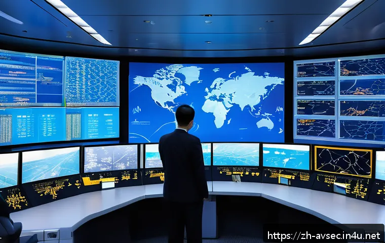 항공보안관리사 글로벌 보안 정책 이해 - A highly detailed modern air traffic control center featuring multiple large digital screens display...