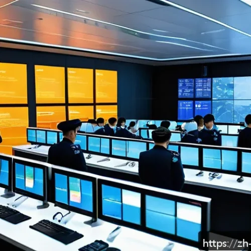 항공보안관리사와 보안 리스크 관리 - A high-tech airport security control room bustling with activity, featuring large digital screens di...