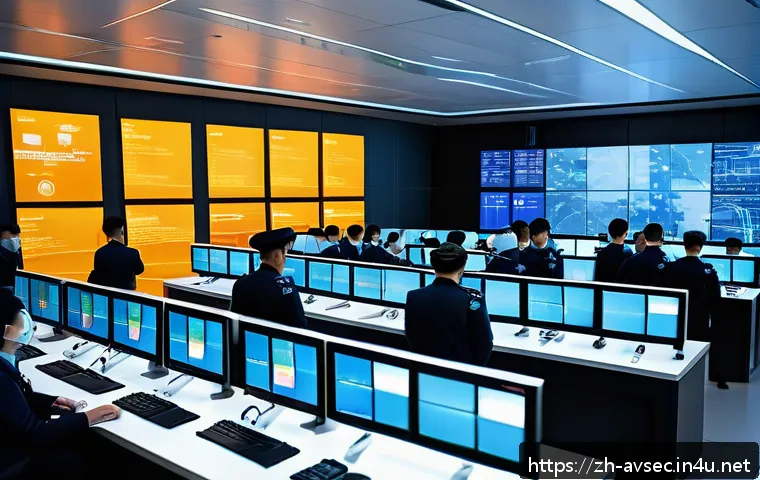 항공보안관리사와 보안 리스크 관리 - A high-tech airport security control room bustling with activity, featuring large digital screens di...