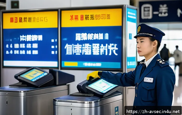 항공보안관리사 경력 개발 로드맵 - A professional airport security officer in modern uniform and safety gear, operating advanced securi...