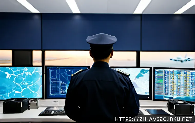 항공보안관리사와 공항 운영 사례 - Photorealistic airport operations control room, a professional airport security manager in a neat da...