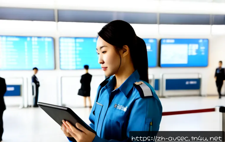 항공보안관리사 해외 취업 기회 - Photorealistic airport security management professional in a crisp uniform reviewing a digital table...